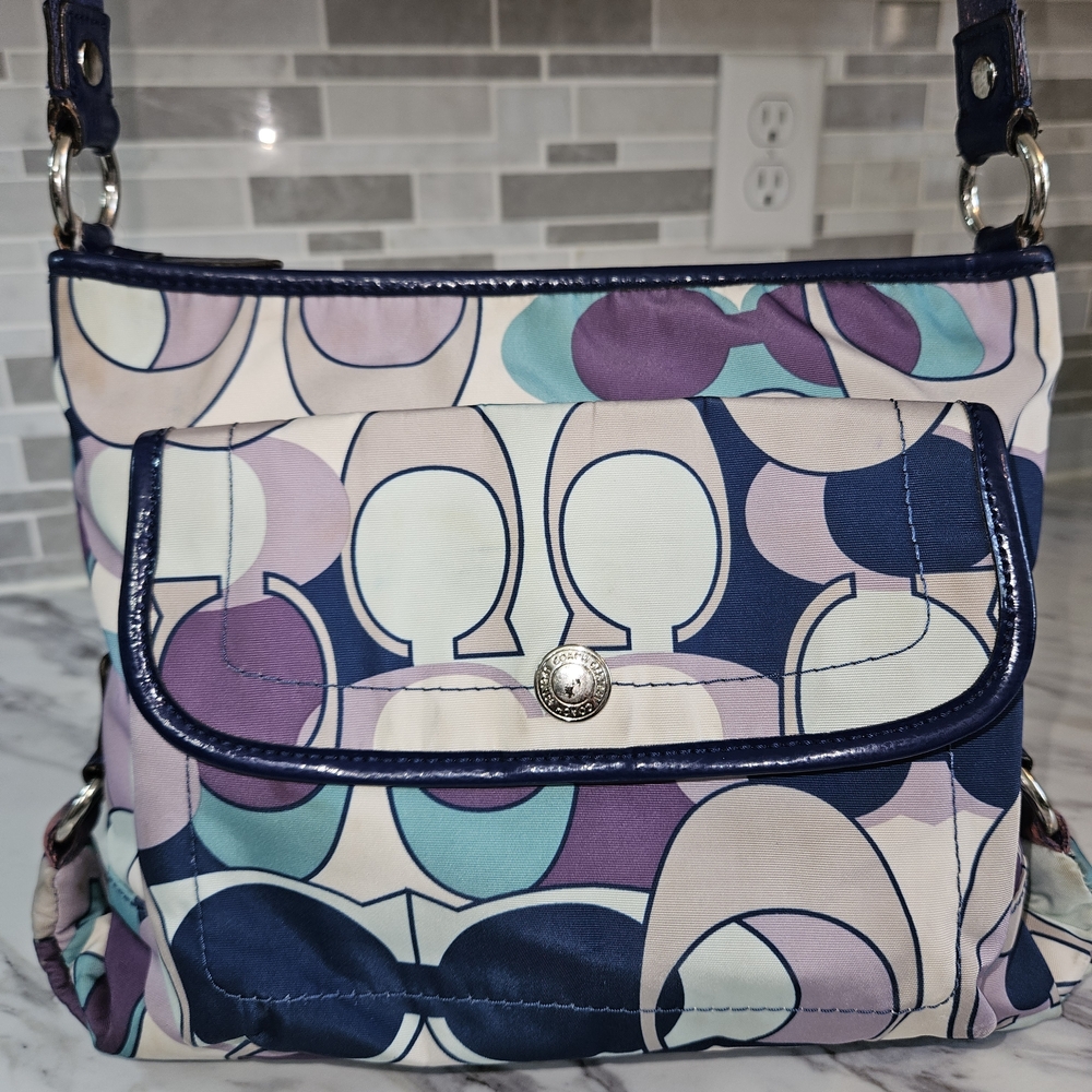 Coach Navy Crossbody with Pastel Signature Pattern